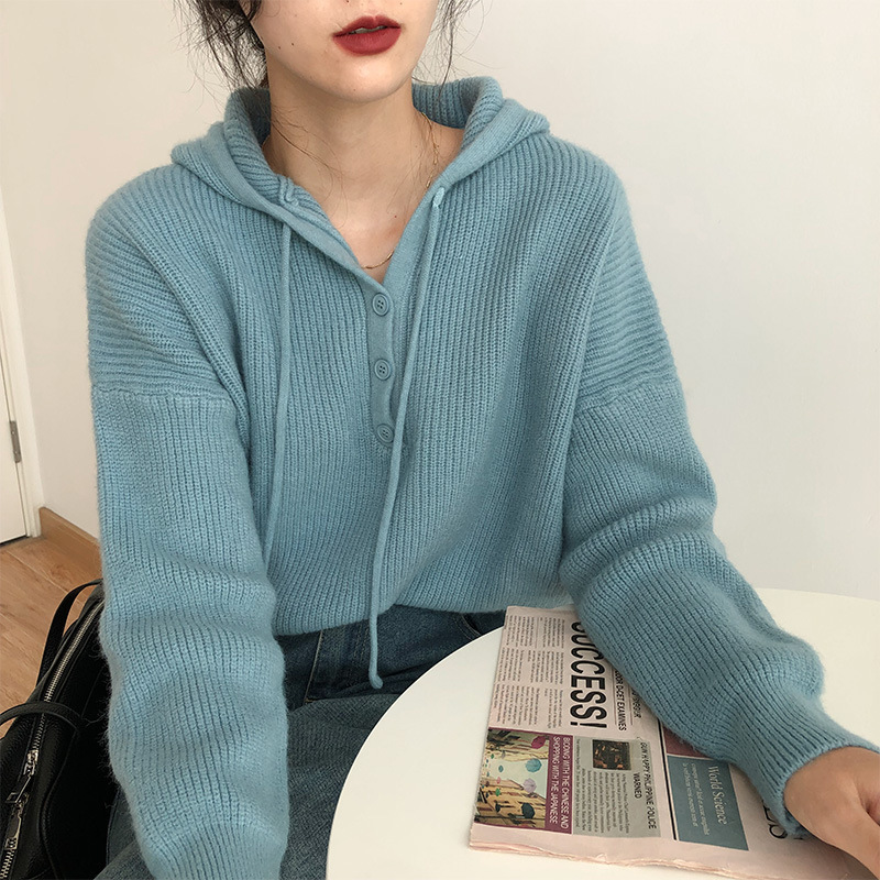 Suéter de mujer invierno / otoño abrigo temperamento de alto nivel japonés / coreano relajado chaqueta de viento con correa de correa variada camisa de punto con capuz image 3