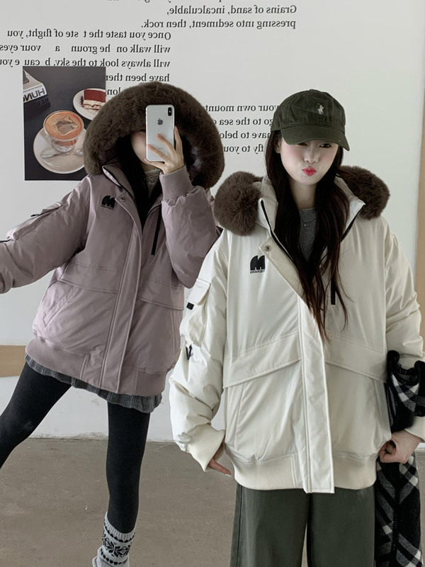 工装羽绒棉服女冬季2025新款小个子大毛领连帽加厚派克服棉衣外套|undefined