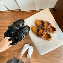 睛澜~真皮乐福鞋女2025早秋新款复古百搭系带皮带扣英伦风小皮鞋