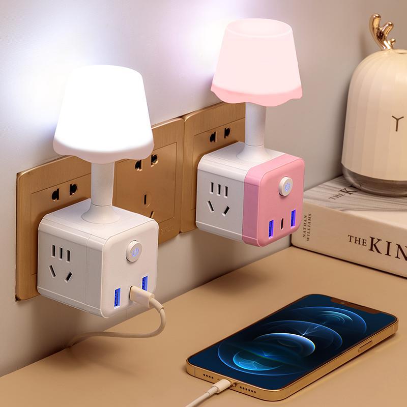 Smart Voice Colorful Night Lamp Multifunctional Cube Socket Adapter Plug Bedside Light Power Strip