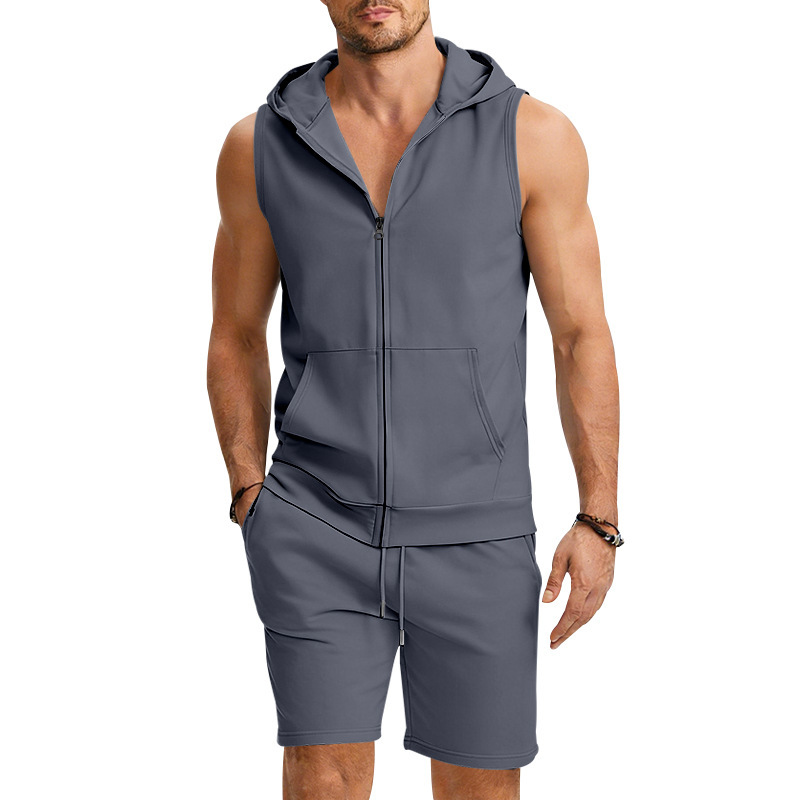 Men's Zip-Front Sleeveless Hoodie And Shorts Set Lightweight Athletic Gym Wear for Summer Workouts And Casual Street Style_viptrois.com