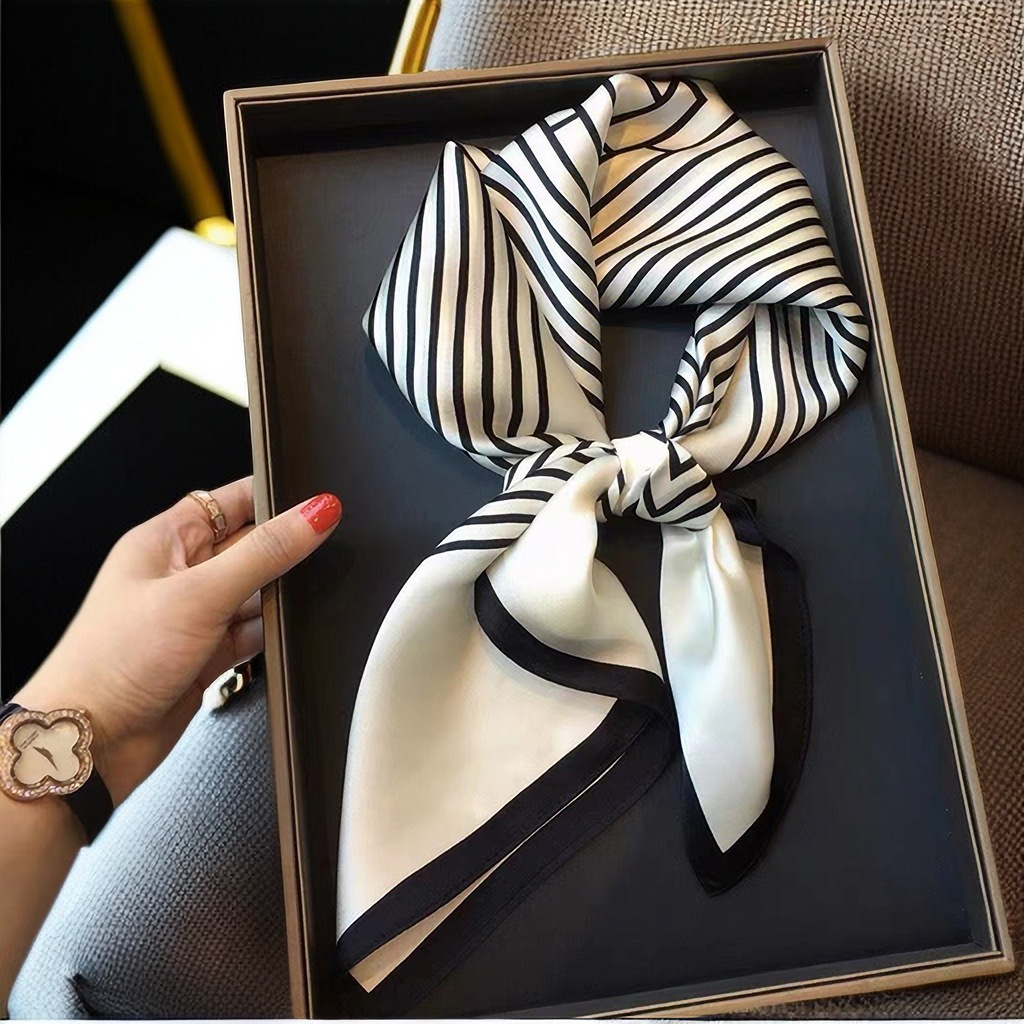Black and White Stripe Printed Silk Scarf 70 Imitation Silk High-grade Square Scarf Spring and Summer Thin Scarf All-match Scarf Tie Hair Headscarf Women