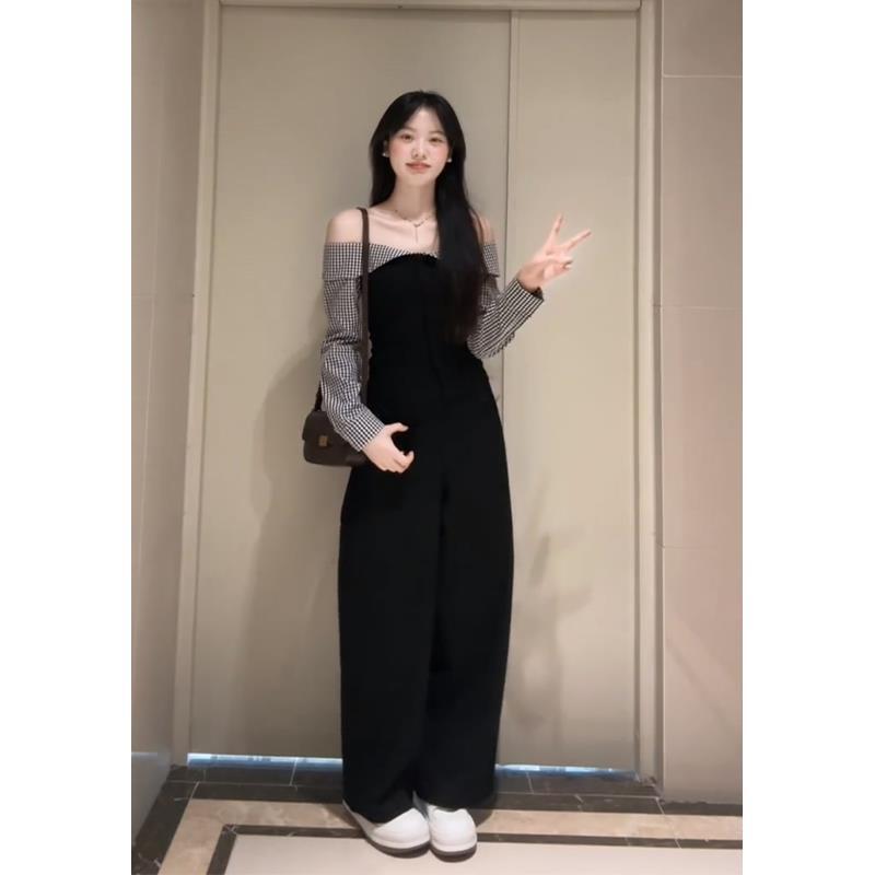 2025早秋新款女韩系穿搭一字肩拼接格纹上衣气质高腰显瘦阔腿长裤|undefined
