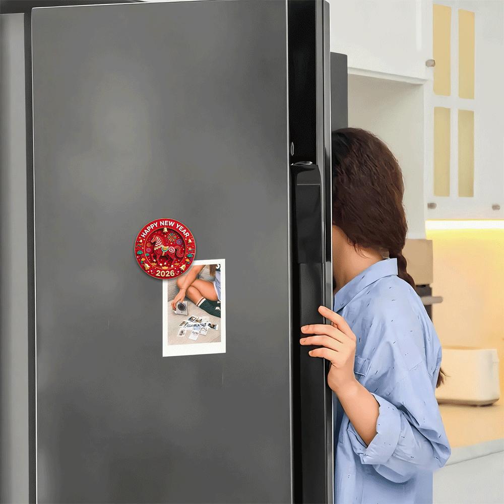 Colgante diseño gráfico 2D feliz año nuevo caballo redondo acrílico refrigerador imán hogar cocina decoración regalo creativo