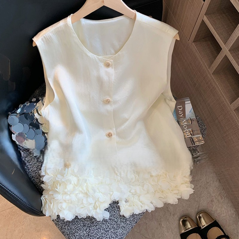 新中式立体花朵下摆醋酸无袖上衣女夏季新款高级感显瘦坎肩背心韩|undefined