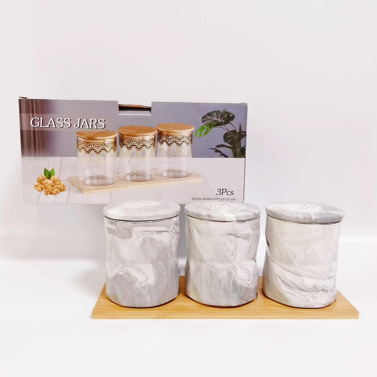 Medio Oriente exportación simple marmolado cerámica sellado Jar rombo 3-Cabeza de almacenamiento Jar té café Jar