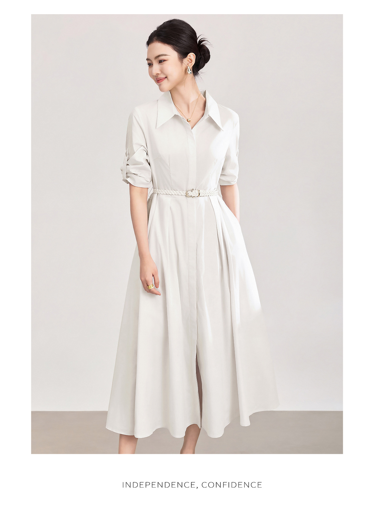 Đầm sơ mi nữ tay dài cổ ve, chất liệu tơ tằm pha cotton, dáng suông thoải mái — xanh lam chi tiết 18