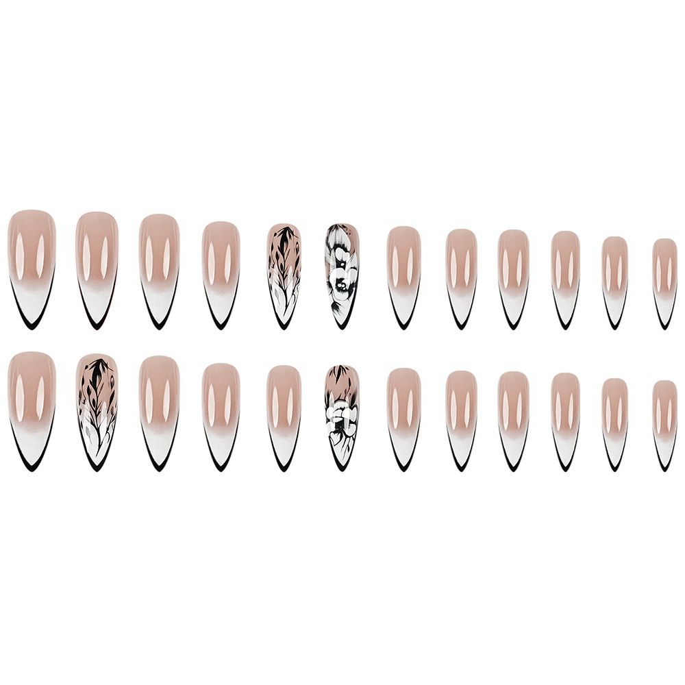 Polvo desnudo gradiente negro floral parche de manicura transfronterizo ventas calientes retrógradas fabricantes de uñas de suministro directo 24 piezas de uñas image 6