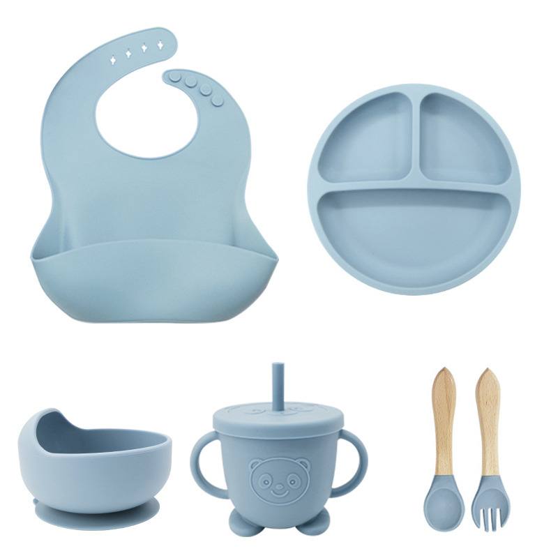 Gray and blue 6-Piece Set: Bib + suction cup + bowl + straw cup + wooden fork spoon