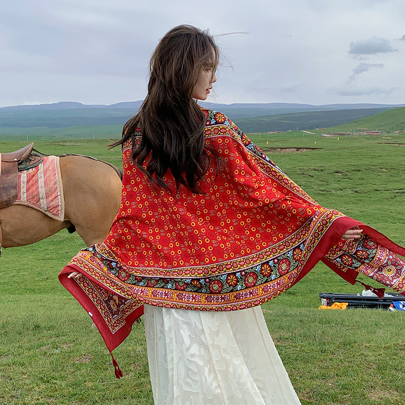 Tíbet turismo estilo étnico rojo algodón y lino sensación bufanda viajes fotografía decorativo chal moda desgaste exterior bufanda grande