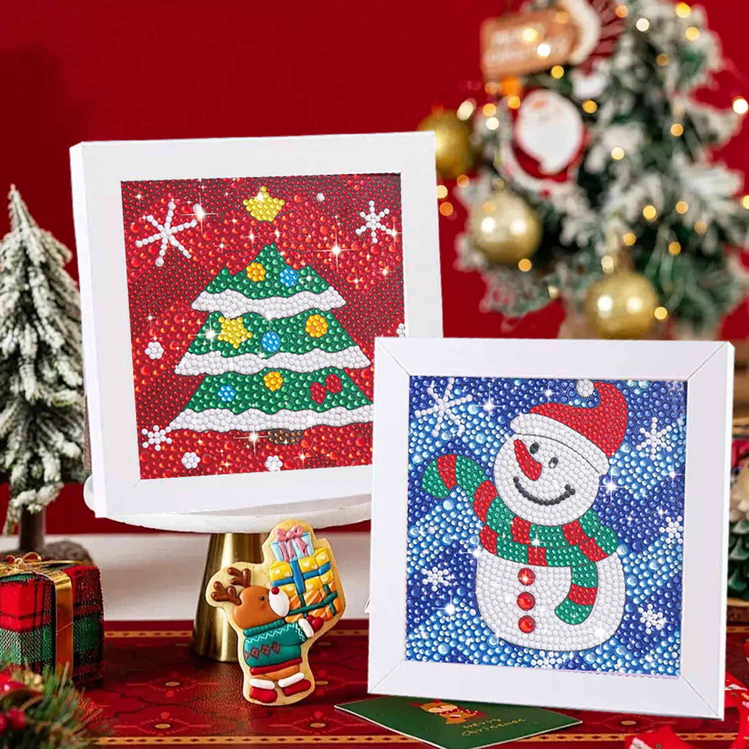 创意DIY钻石画带框 5d异形亮钻圣诞节日装饰摆台画跨境卡通玉贵狗