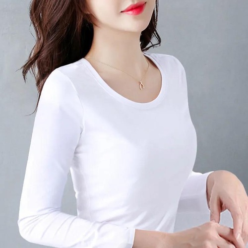 Solid-color autumn base shirt for women, long-sleeve T-shirt—spring/fall tight-fitting top with a crew neck, slim-fit design, and stretchy Korean-style inner layer.