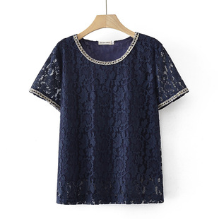 Large Lace Shirt Short-Sleeved Lined Top Slimming Look Round Neck 2025 Summer Versatile Fat Mom Elegant Versatile T-Shirt 6184