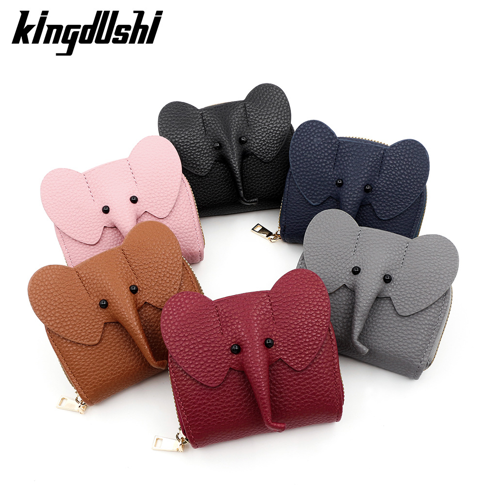 Nuevo lychee patrón corto órgano tarjeta titular ID bolsa lindo elefante multi-Tarjeta titular de la tarjeta monedero cremallera bolsa