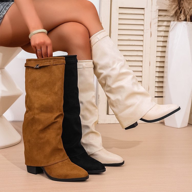 Autumn Pleated Women's Boots with Thick Shaft, 2025 High-Tube Pointed Boots, European and American High-Heeled Fashion Pants, Size 43