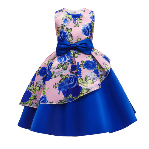 Cross-border supply girls' dress performance costumes for girls printed vests evening gowns pleated children butterfly bows princess dresses