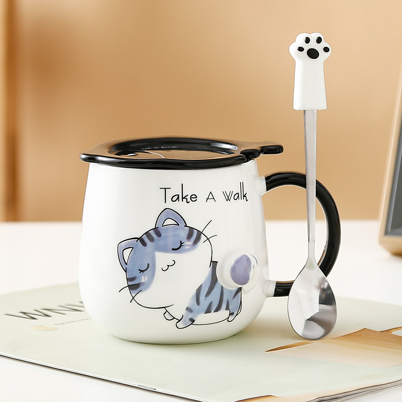 Taza de gato Mark con tapa Cuchara Taza de agua de cerámica Taza de pareja de dibujos animados de cerámica para hombres y mujeres Taza de desayuno de café de oficina
