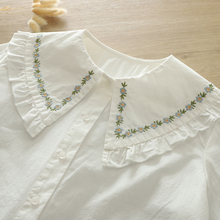 文艺小清新卡通刺绣牵牛花娃娃领纯棉白衬衫女长袖打底衫学生大码