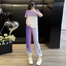 运动休闲套装女夏新款减龄渐变色短袖束脚裤广场舞服装跑步两件套