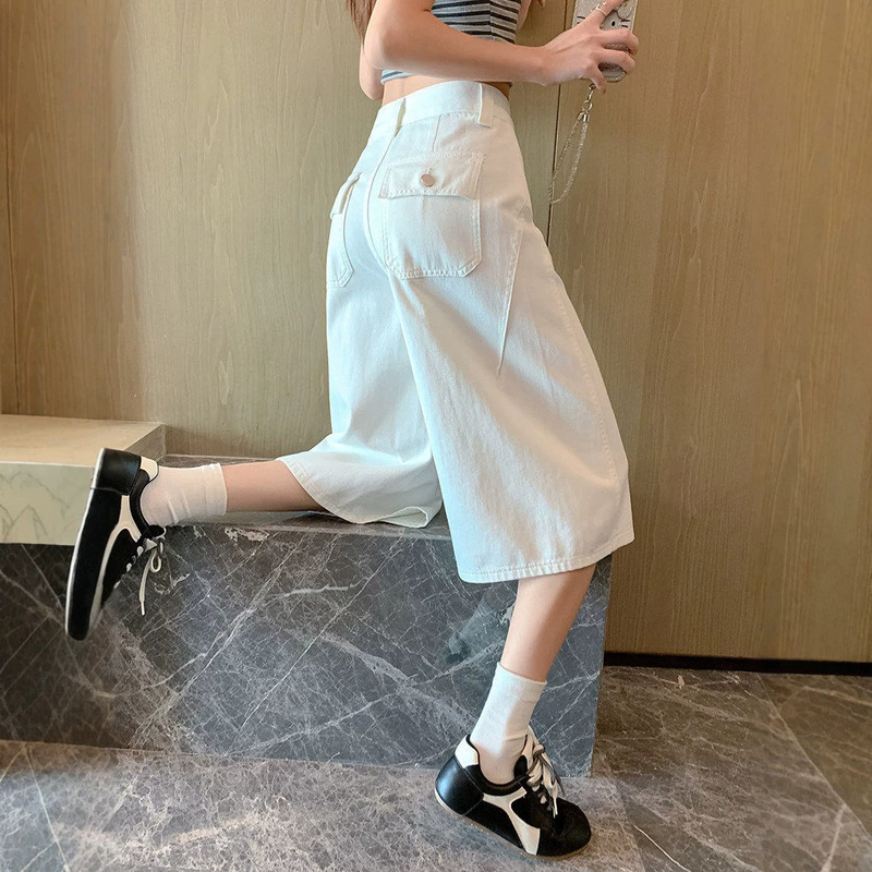 White American-Style High-Waisted Cropped Denim Shorts for Women, New Summer Style, Loose and Versatile White Wide-Leg Mid-Length Pants White American-Style High-Waisted Cropped Denim Shorts for Women, New Summer Style, Loose and Versatile White Wide-Leg Mid-Length Pants