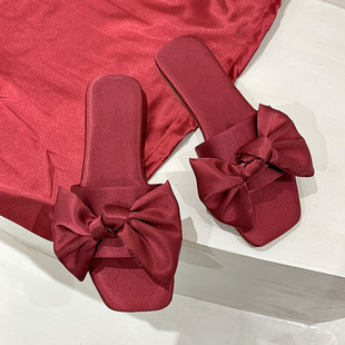 Satin cloth bow new wedding bridesmaid flat slippers female Red Wedding bride morning gown matching shoes wholesale