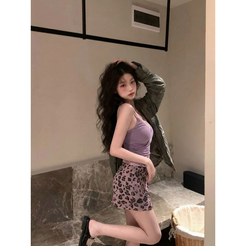 In-Stock Pure Desire Style Purple Lace Patchwork Camisole Short Dress for Women, Summer Waist-Cinching Tank Top, Leopard Print Half Skirt Two-Piece Set