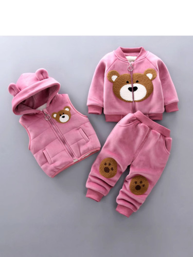 New Autumn/Winter Baby Padded Set for Kids, Three-Piece Set with Embroidered Bear, Thick Kids' Outfit for Dropshipping