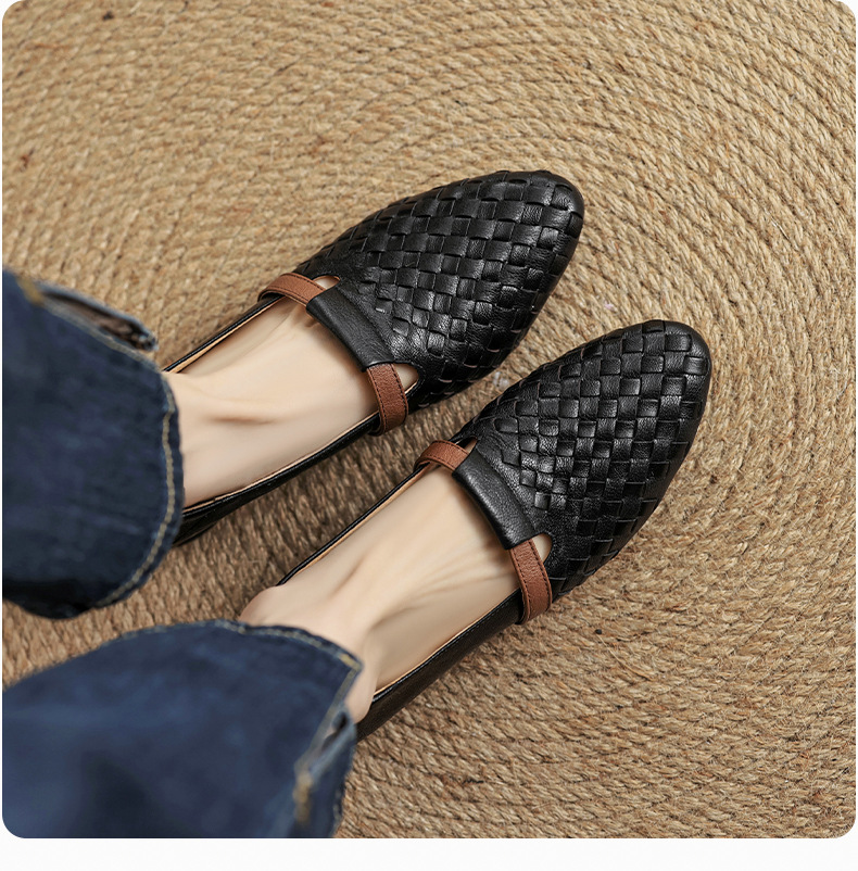 Giày lười nữ da cừu dệt miệng nông đế mềm phong cách đơn giản — Màu nâu chi tiết 18