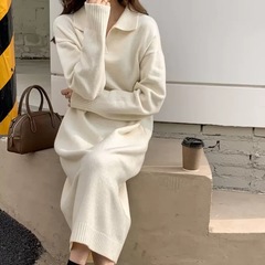 慵懒风polo领针织连衣裙女秋冬加厚过膝长款宽松内搭外穿毛衣长裙