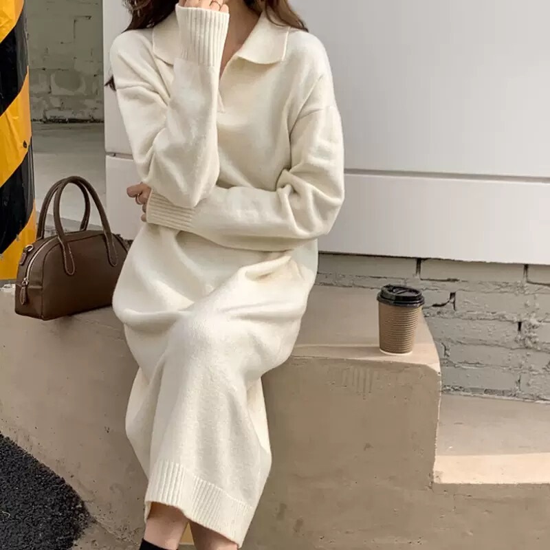Lazy Style Polo Collar Knitted Dress for Women in Autumn and Winter Thickeneded Knee-Length Loose Inner and Outer Sweater Long Skirt