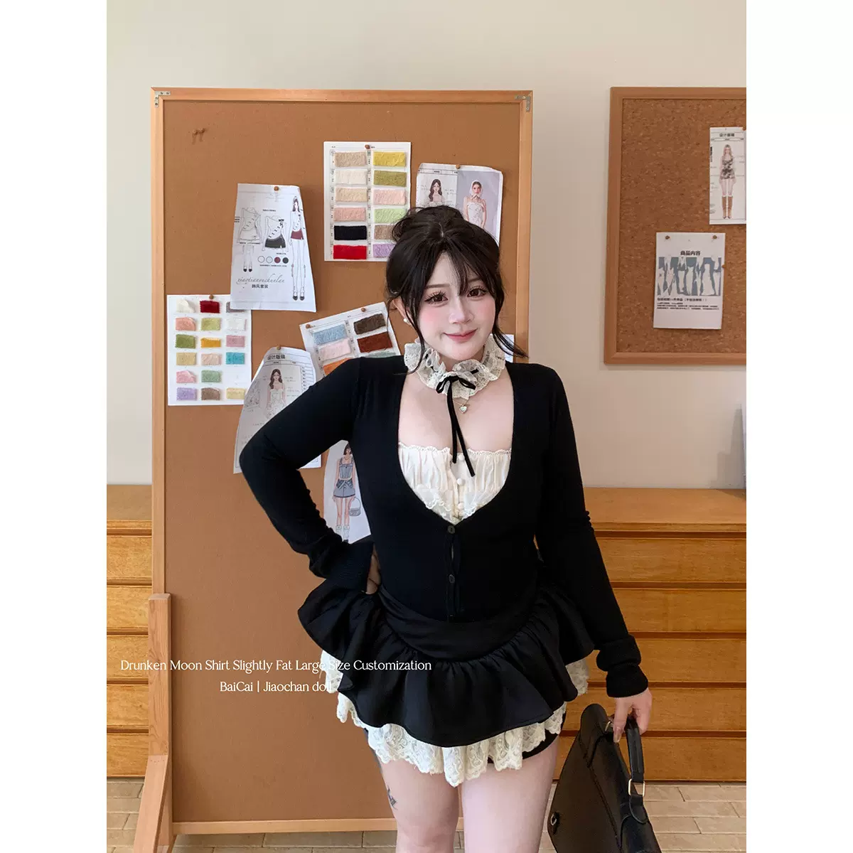 【娇嗔娃娃】秋季新款黑色针织衫V领蕾丝边挂脖长袖短裙两件套