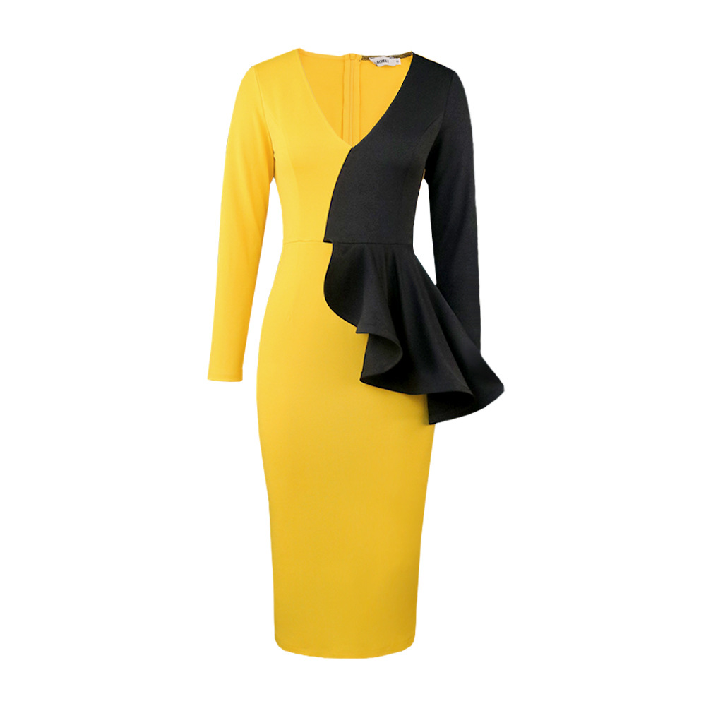 Vêtements pour femmes Robe à volants assortie de couleur grande taille pour femmes Robe de soirée sexy à col en V Robe de soirée jaune_voghion.com