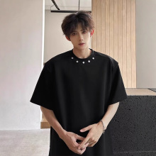 美式cleanfit金属装饰高级感落肩短袖t恤男潮流设计感五分体恤夏