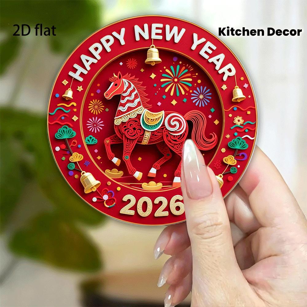 Colgante diseño gráfico 2D feliz año nuevo caballo redondo acrílico refrigerador imán hogar cocina decoración regalo creativo