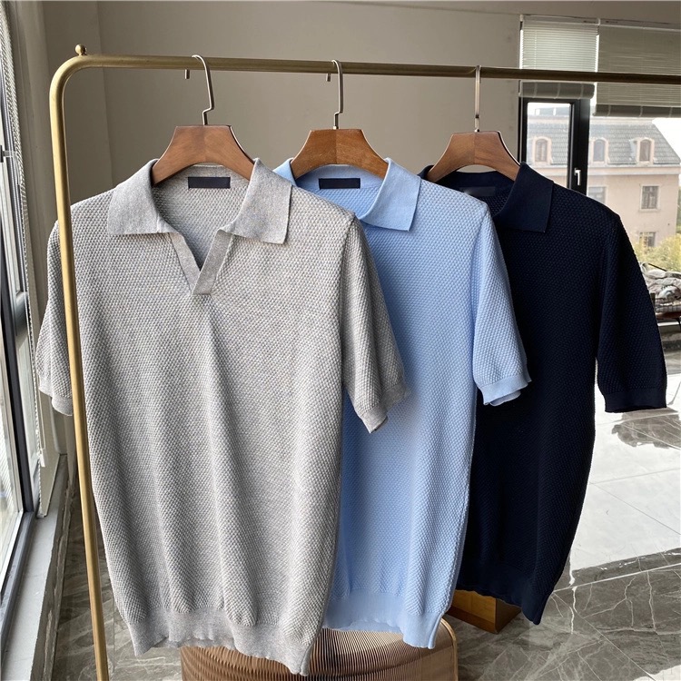 2025 primavera y verano nuevo estilo americano estilo perezoso suéter de punto ligero para hombre, camisa POLO de manga corta con solapa guapa