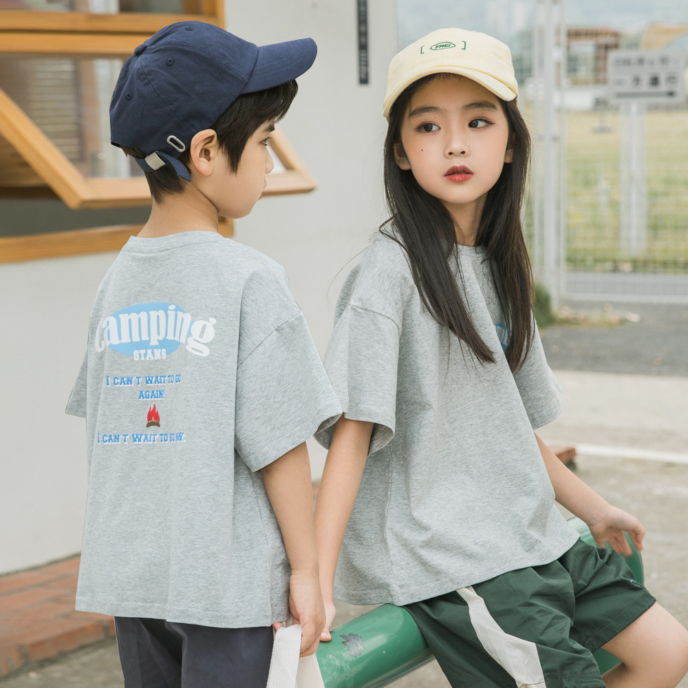 2022新款短袖t恤女夏季男女童圆领字母印花宽松T恤潮韩国童装批发|ms