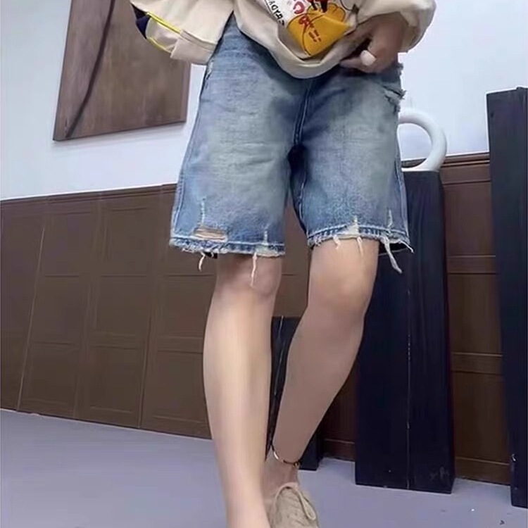 High-Waisted Slimming Non-Elastic Straight Ripped Denim Shorts Summer New Versatile Hip-Covering Loose Five-Point Wide-Leg Pants High-Waisted Slimming Non-Elastic Straight Ripped Denim Shorts Summer New Versatile Hip-Covering Loose Five-Point Wide-Leg Pants