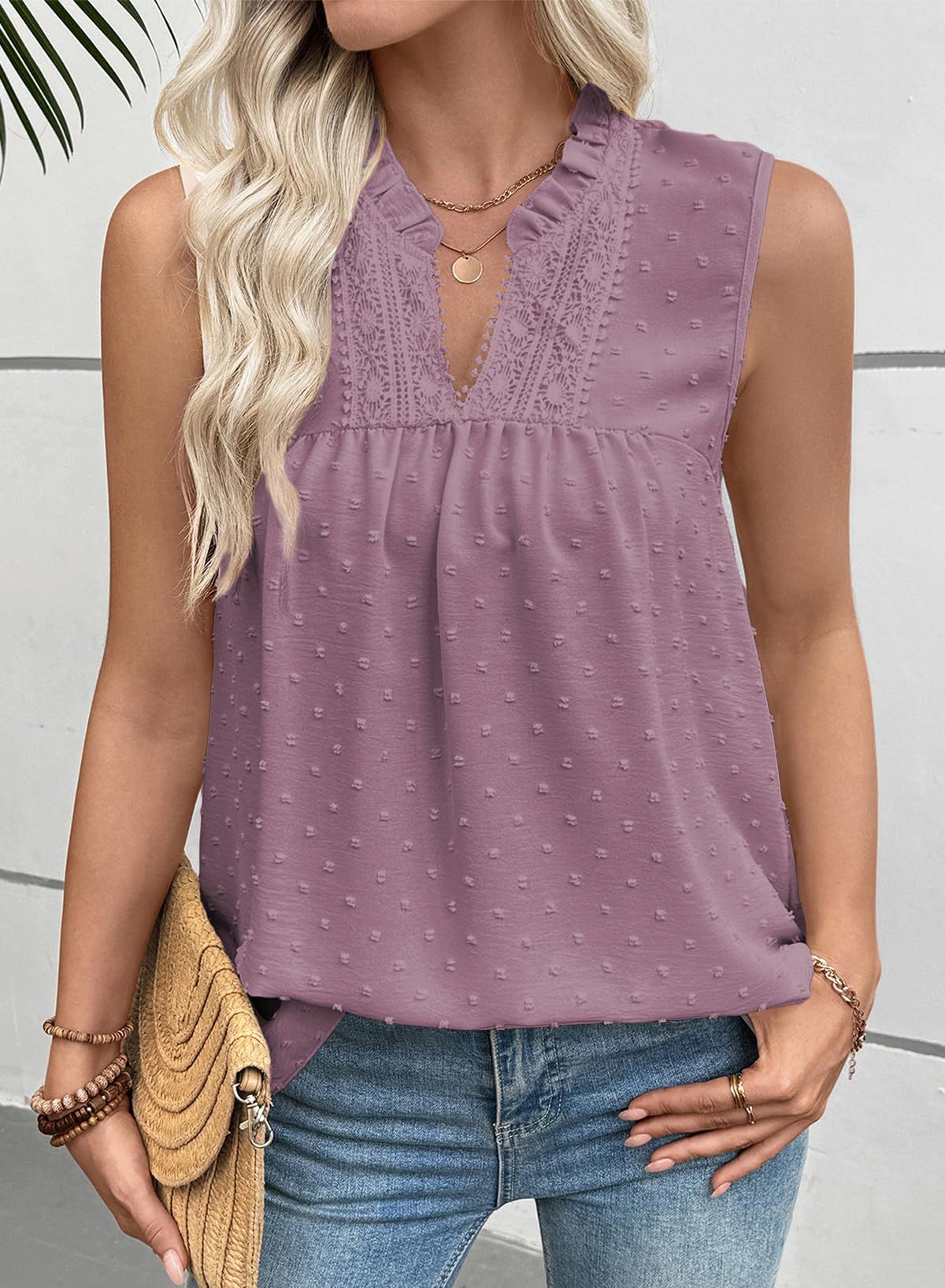 Women's Swiss Dot Lace Trim Sleeveless V-Neck Blouse, Relaxed Fit Breathable Top For Casual & Office Wear_ecoleips.com