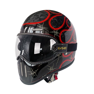 Export Carbon Fiber Retro Motorcycle Helmet, Motosiklet kaskı (dəbilqə) - red-flame-transparent-mirror-m55-56