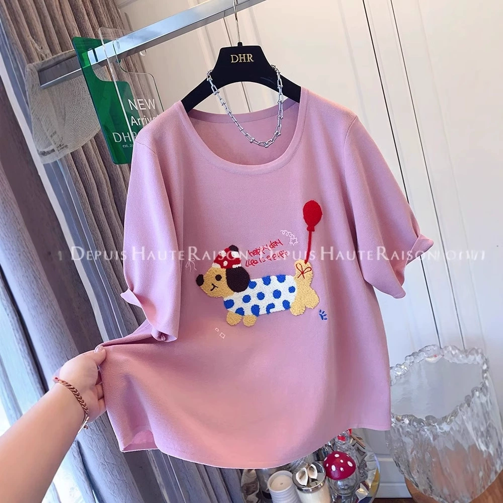 Специальная цена [Официальная карта оригинального качества] дизайн чувство нишевые вышивки щенки с короткими рукавами вязаный свитер женский лето