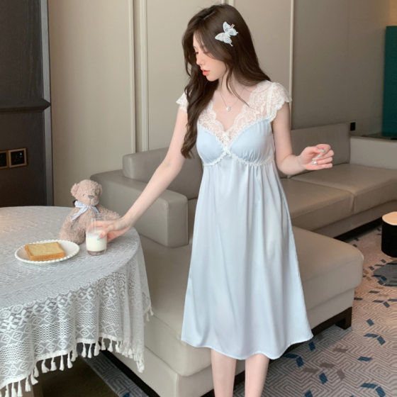 Spring and Summer New Arrival French Style Flower Wedding Ice Silk Nightgown Lace Court Style with Chest Pad Embroidered Sexy Pajamas