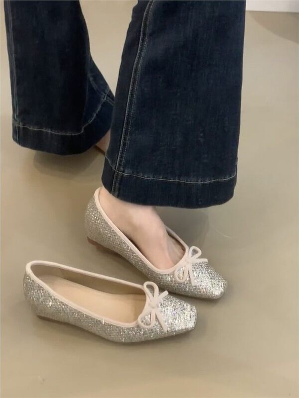 Sheepskin version~Sparkling diamond gentle style square toe bowknot height-increasing ballet shoes for women, versatile slip-on shallow single shoes Sheepskin version~Sparkling diamond gentle style square toe bowknot height-increasing ballet shoes for women, versatile slip-on shallow single shoes