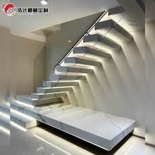 室内岩板悬浮楼梯大理石玻璃悬空复式别墅阁楼实木轻奢自建房