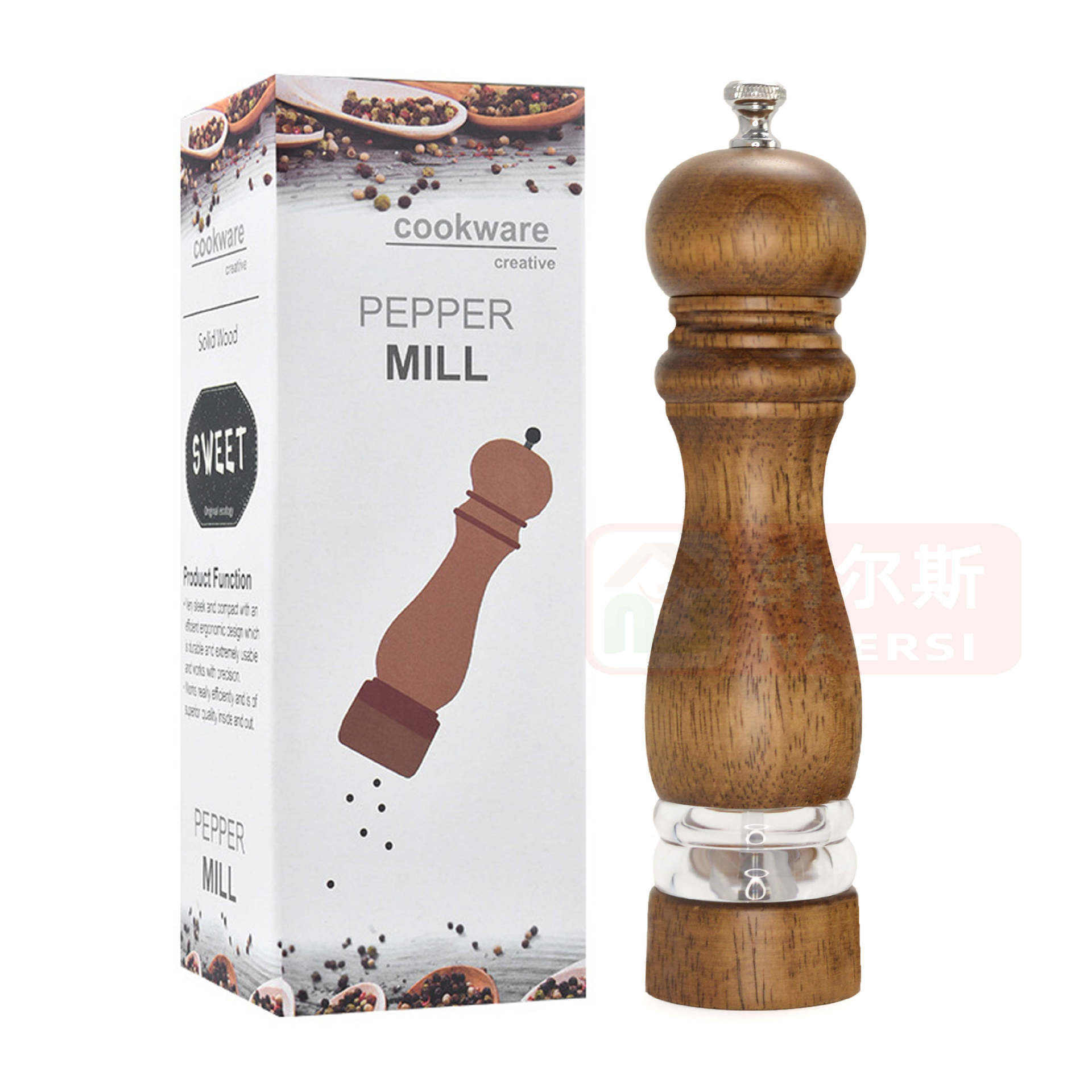  Molinillo manual de pimienta o sal, cuerpo acrílico y núcleo cerámico, diseño clásico de madera, utensilio de cocina