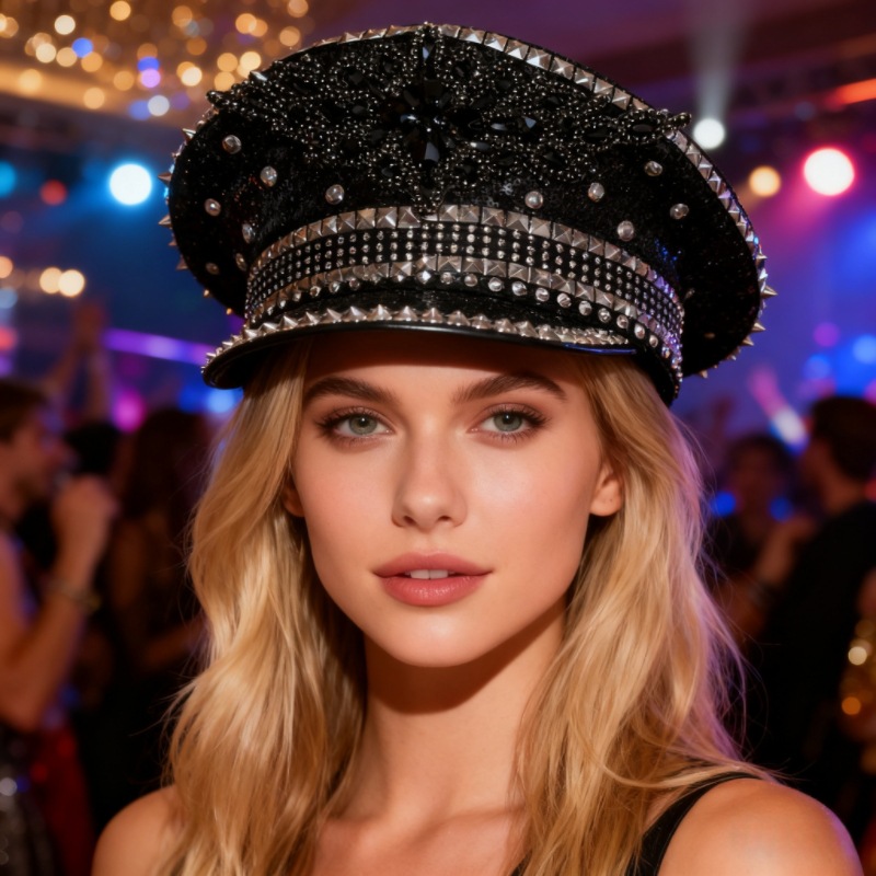 Sombrero azul marino con incrustaciones de diamantes, boina estilo punk, sombrero y2k, sombrero de marinero para mujer con ambiente otoñal e invernal, sombrero dorado para clima frío