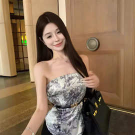 辣妹短款露背复古水墨印花无袖抹胸背心女修身内搭不规则上衣外穿