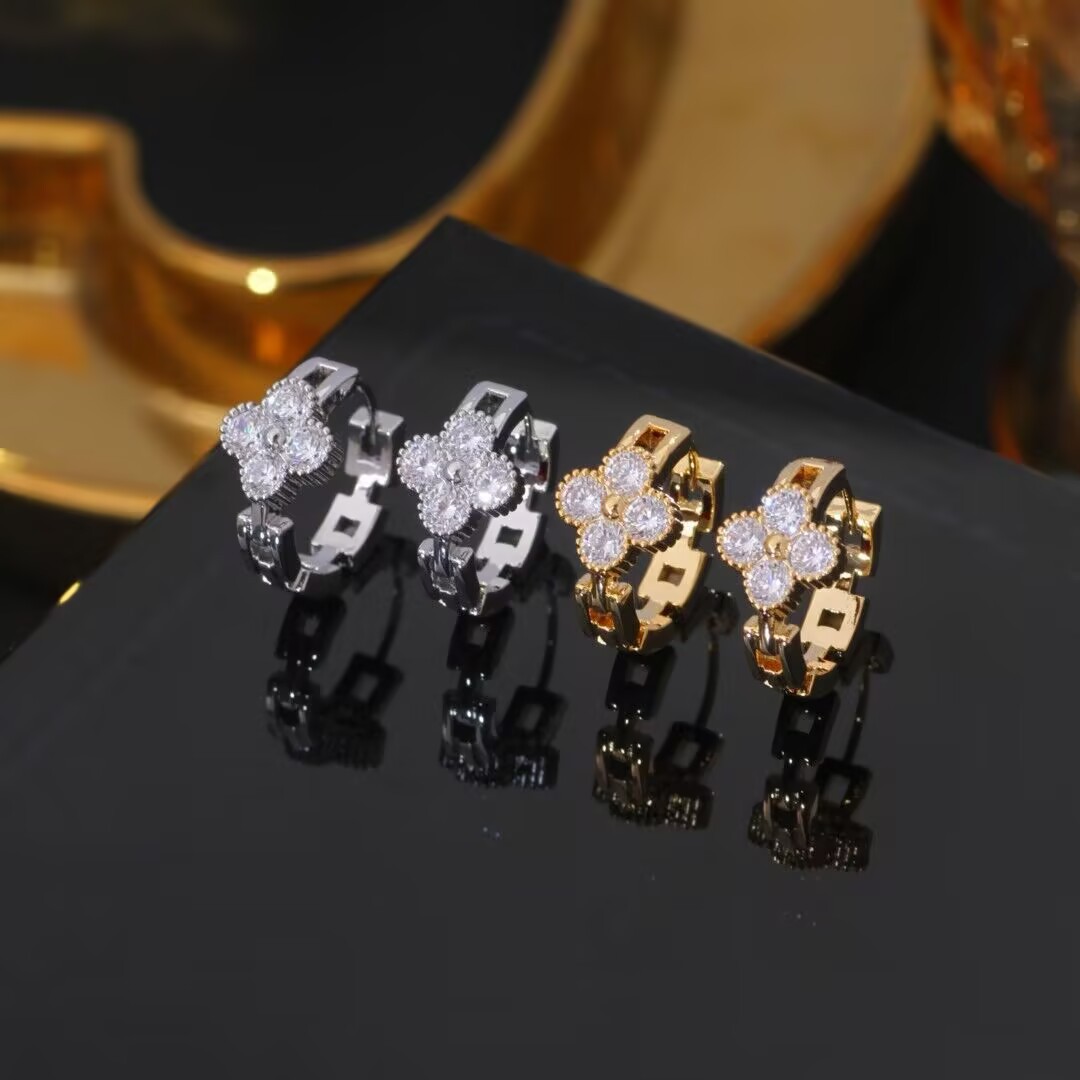 銅鍍18K真金微鑲鋯石四葉草耳扣輕奢時尚精緻百搭高級感耳環女