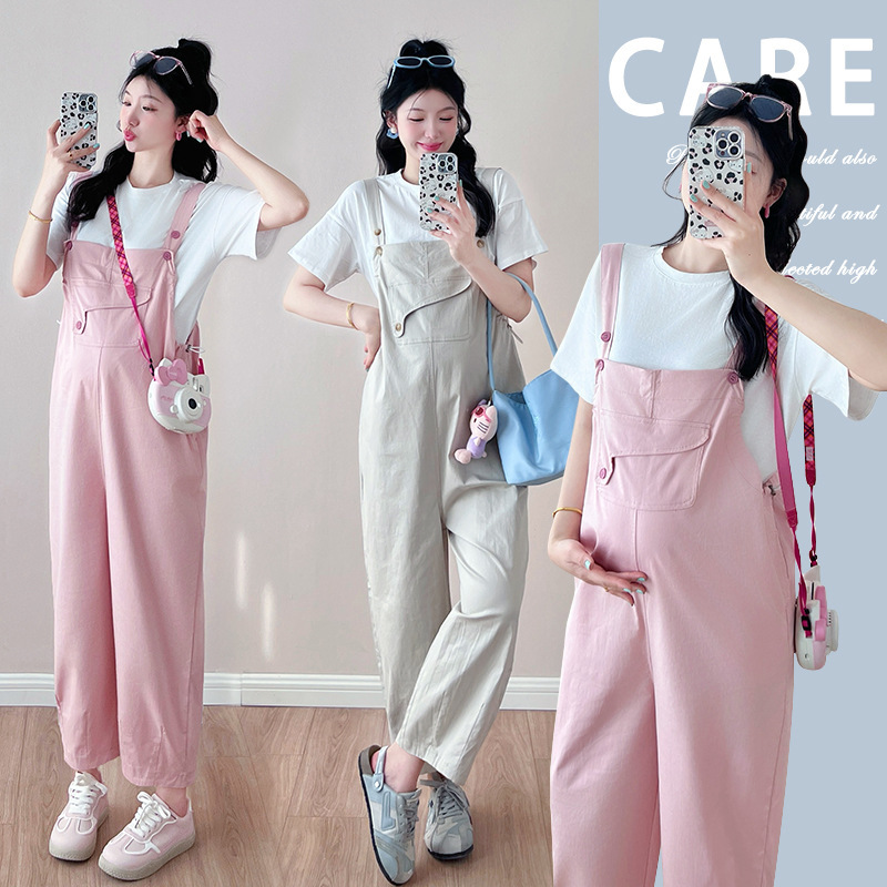 Maternity Wear 2025 New Summer Style Simple and Sweet Adjustable Elastic Overalls with Bottoming T-Shirt Two-Piece Set