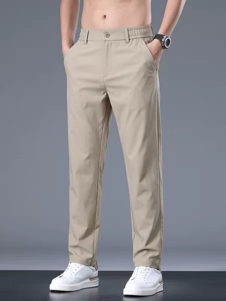 Summer Ice Silk Thin High-Elastic Non-Iron Casual Pants for Men, Straight Loose Quick-Dry Drapey Sports Pants for Young Men