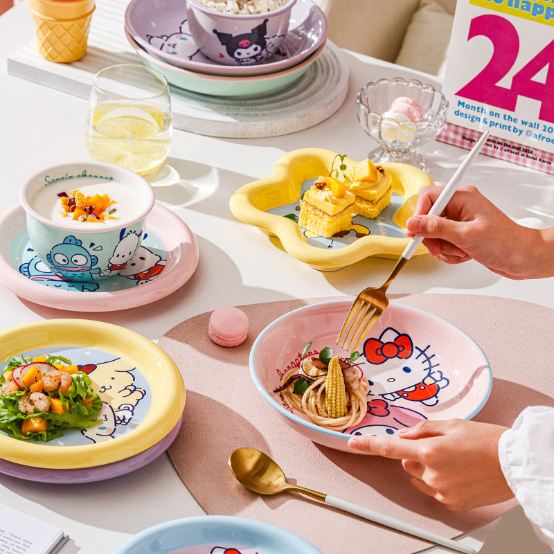 2026 Genuine Sanrio Family Series Tableware Ceramic Bowls, Plates, Chopsticks, Spoons, Cute Snack and Fruit Plates, New Products Wholesale